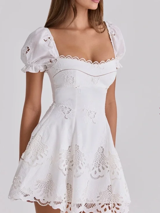 House of CB Lavina White Custom Lace + Cotton Broderie Anglaise Mini Dress - Picture 6 of 14